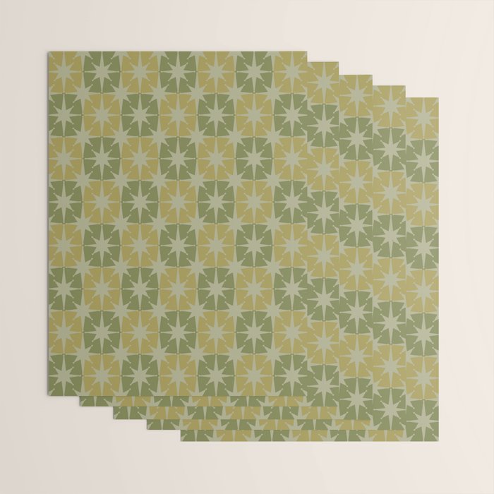 Mid Century Modern Atomic Stars Retro Checkered Starburst Pattern in Vintage Olive Green Tones Wrapping Paper Gallery Image 3