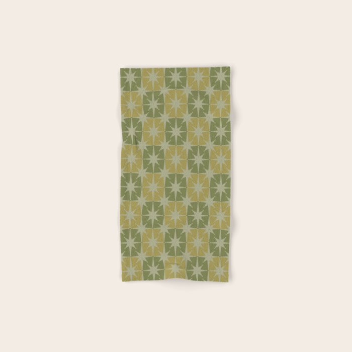 Mid Century Modern Atomic Stars Retro Checkered Starburst Pattern in Vintage Olive Green Tones Bath Towel Gallery Image 1