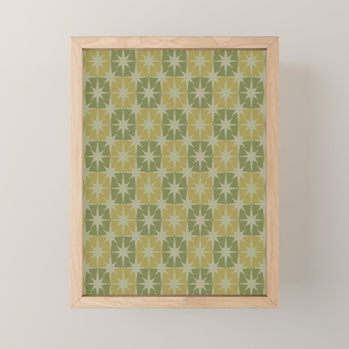 Mid Century Modern Atomic Stars Retro Checkered Starburst Pattern in Vintage Olive Green Tones Mini Art Print Gallery Image 1