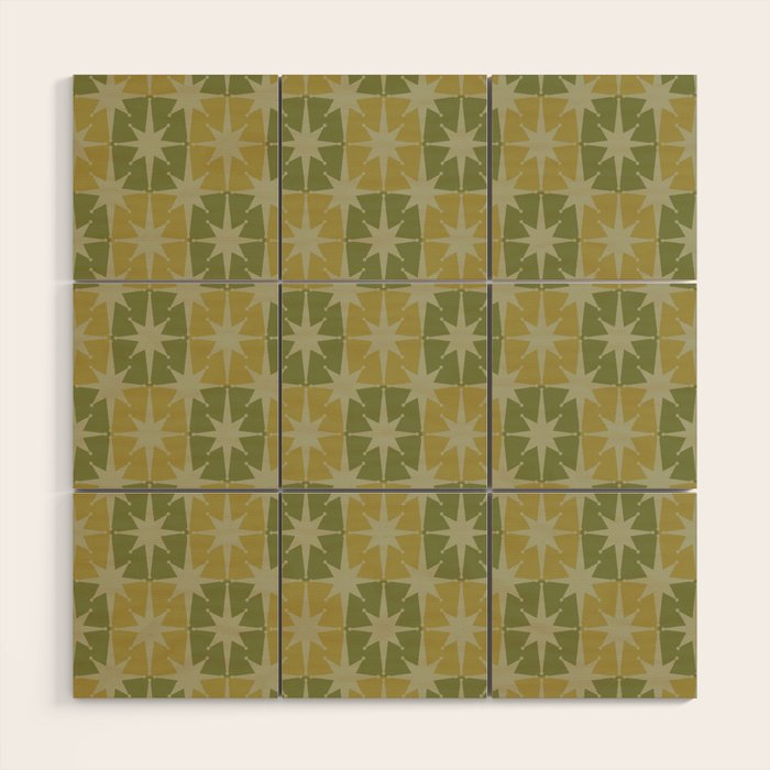 Mid Century Modern Atomic Stars Retro Checkered Starburst Pattern in Vintage Olive Green Tones Wood Wall Art Gallery Image 1