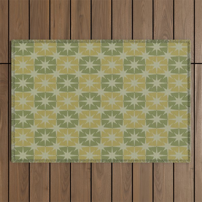Mid Century Modern Atomic Stars Retro Checkered Starburst Pattern in Vintage Olive Green Tones Outdoor Rug Gallery Image 1