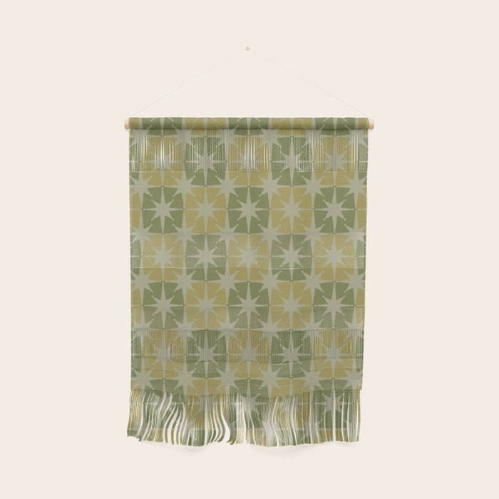 Mid Century Modern Atomic Stars Retro Checkered Starburst Pattern in Vintage Olive Green Tones Wall Hanging Gallery Image 1