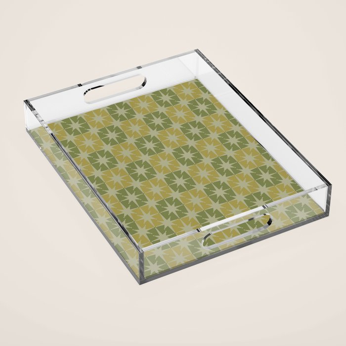 Mid Century Modern Atomic Stars Retro Checkered Starburst Pattern in Vintage Olive Green Tones Acrylic Tray Gallery Image 1