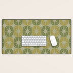 Mid Century Modern Atomic Stars Retro Checkered Starburst Pattern in Vintage Olive Green Tones Desk Mat Gallery Image 1