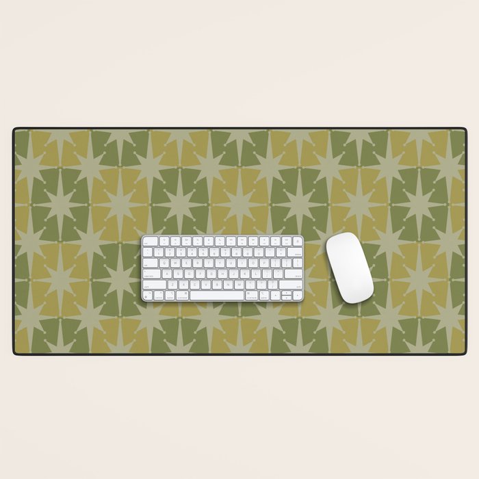 Mid Century Modern Atomic Stars Retro Checkered Starburst Pattern in Vintage Olive Green Tones Desk Mat Gallery Image 1