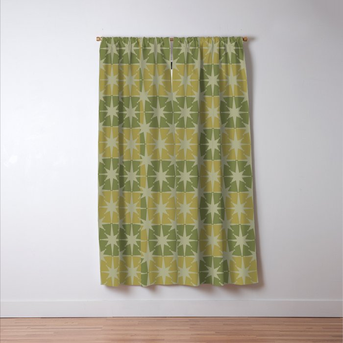 Mid Century Modern Atomic Stars Retro Checkered Starburst Pattern in Vintage Olive Green Tones Window Curtain Gallery Image 3