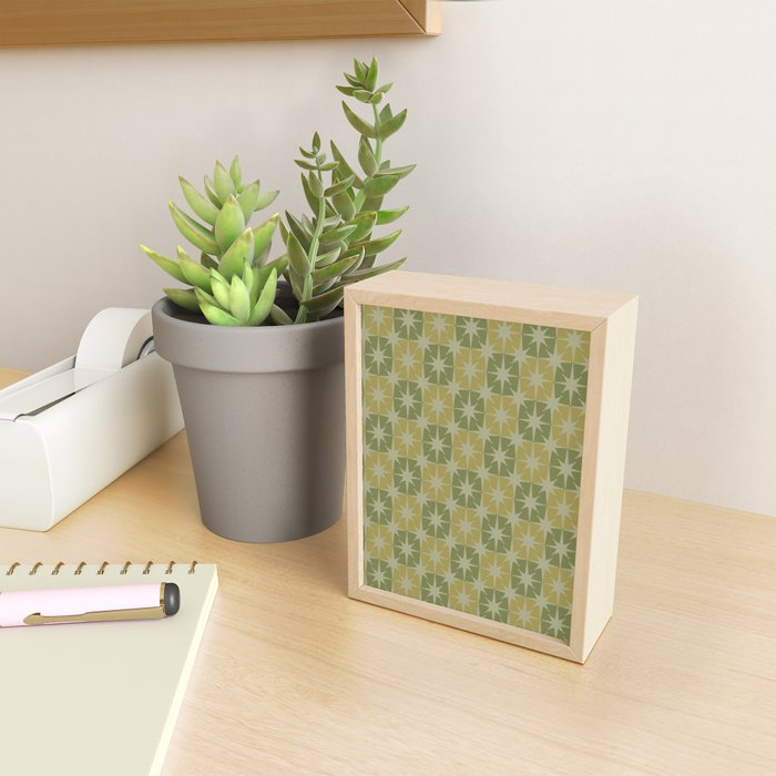 Mid Century Modern Atomic Stars Retro Checkered Starburst Pattern in Vintage Olive Green Tones Mini Art Print Gallery Image 2