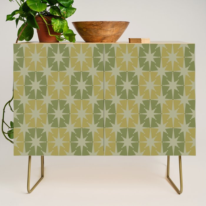 Mid Century Modern Atomic Stars Retro Checkered Starburst Pattern in Vintage Olive Green Tones Credenza Gallery Image 1