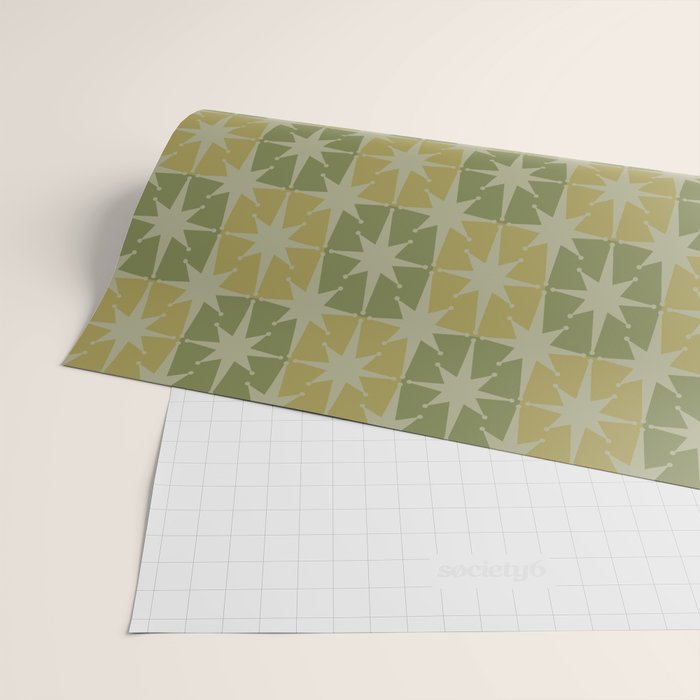 Mid Century Modern Atomic Stars Retro Checkered Starburst Pattern in Vintage Olive Green Tones Wrapping Paper Gallery Image 2
