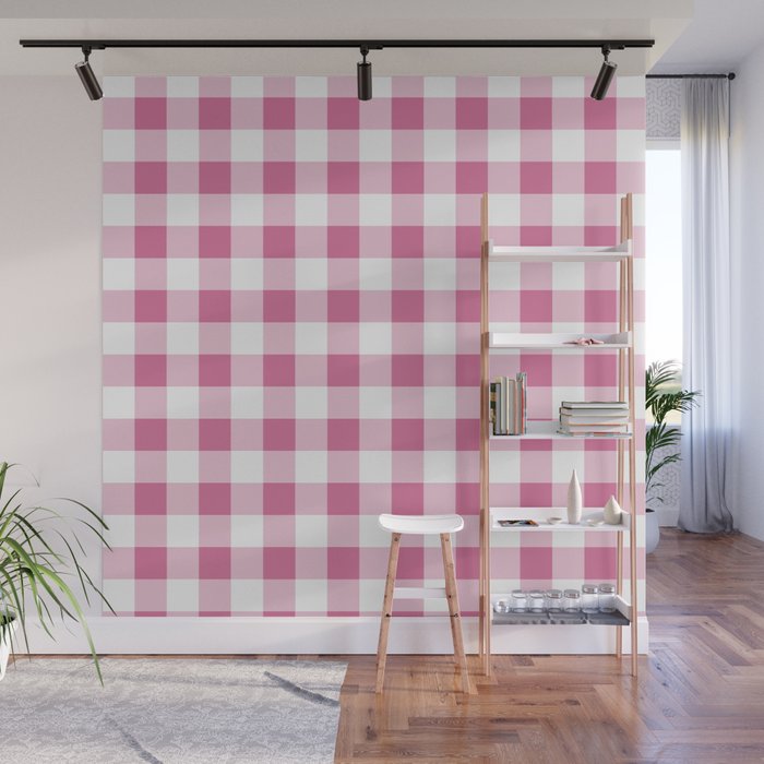 Gingham Large Pink White Wall Mural Gallery Image 1