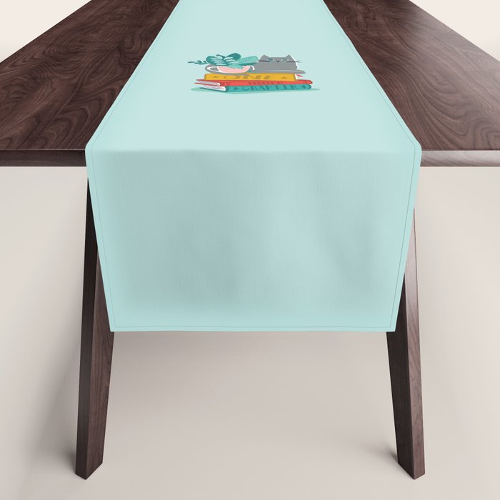 One more chapter // aqua background grey cat striped mug with plants red green and yellow books  Table Runner Gallery Image 1