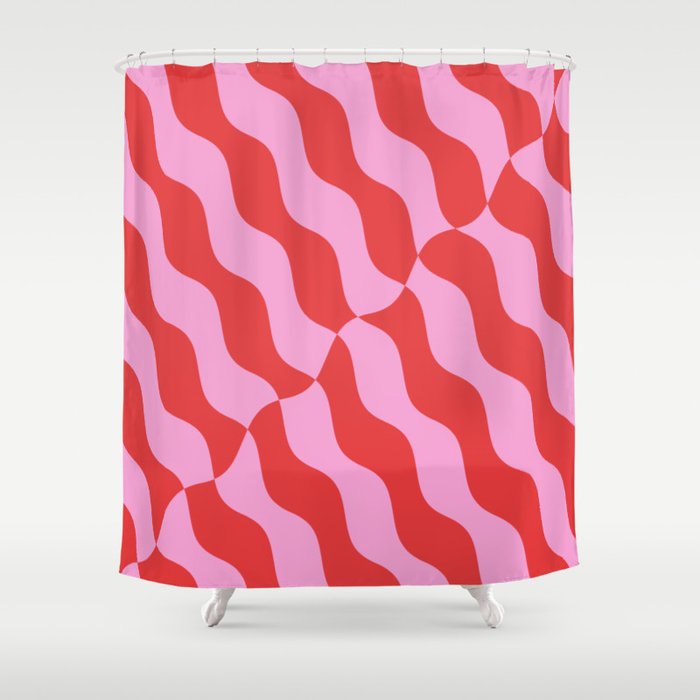 Retro Wavy Abstract Pattern in Red & Pink Shower Curtain Gallery Image 1