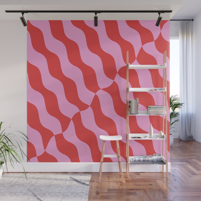 Retro Wavy Abstract Pattern in Red & Pink Wall Mural Gallery Image 1