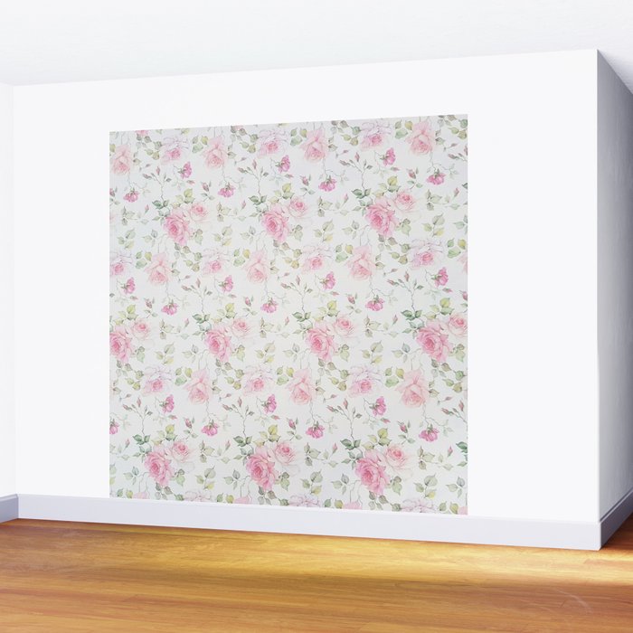 Elegant blush pink white vintage rose floral Wall Mural Gallery Image 2