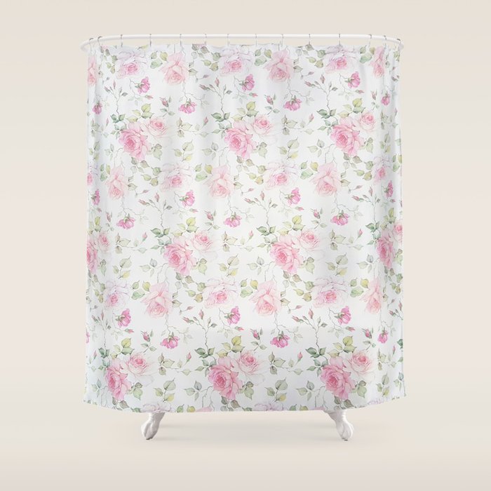 Elegant blush pink white vintage rose floral Shower Curtain Gallery Image 1