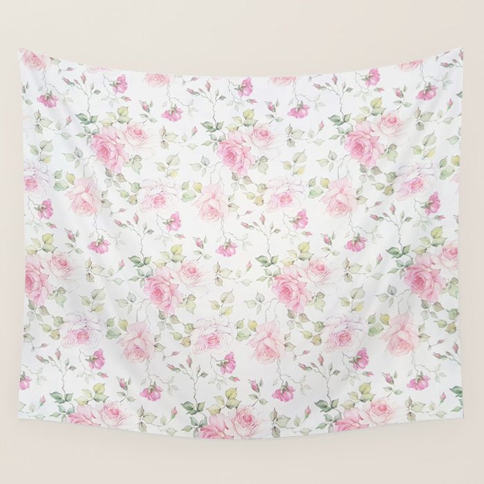 Elegant blush pink white vintage rose floral Wall Tapestry Gallery Image 1