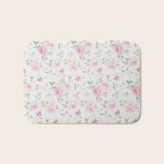 Elegant blush pink white vintage rose floral Bath Mat Gallery Image 1