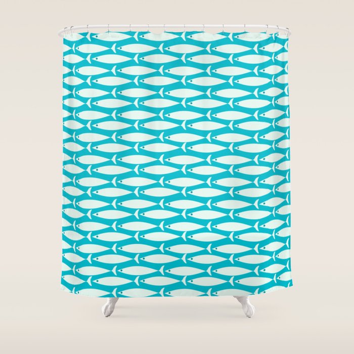 Coastal Fish Minimalist Pattern in Turquoise Aqua Blue Shower Curtain Gallery Image 1