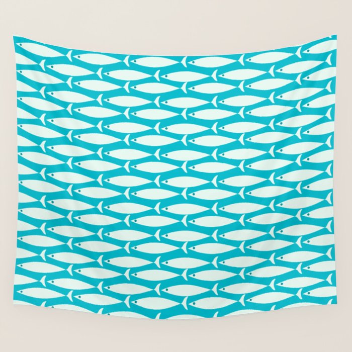 Coastal Fish Minimalist Pattern in Turquoise Aqua Blue Wall Tapestry Gallery Image 1