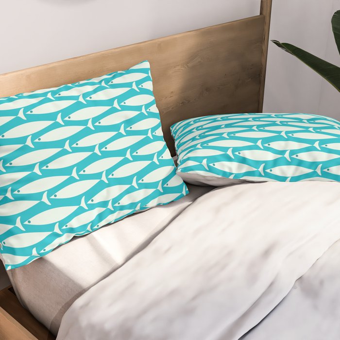 Coastal Fish Minimalist Pattern in Turquoise Aqua Blue Pillow Sham Gallery Image 2
