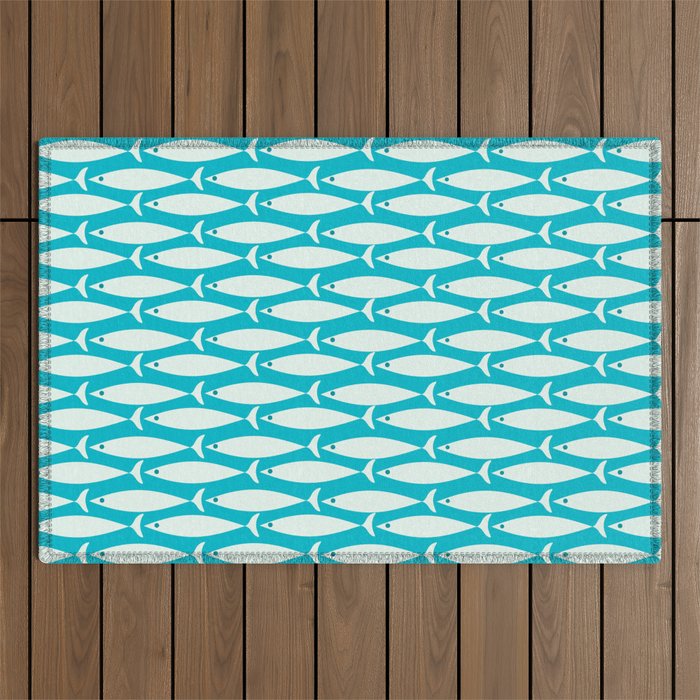 Coastal Fish Minimalist Pattern in Turquoise Aqua Blue Outdoor Rug Gallery Image 1