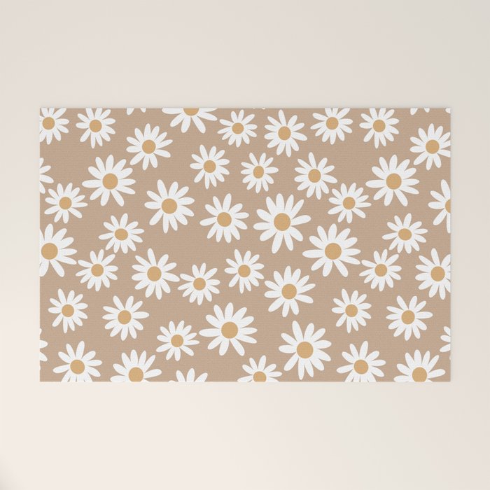 Daisies - daisy floral repeat, daisy flowers, 70s, retro, black, daisy florals camel brown Welcome Mat Gallery Image 1