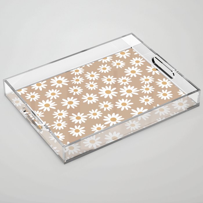 Daisies - daisy floral repeat, daisy flowers, 70s, retro, black, daisy florals camel brown Acrylic Tray Gallery Image 1