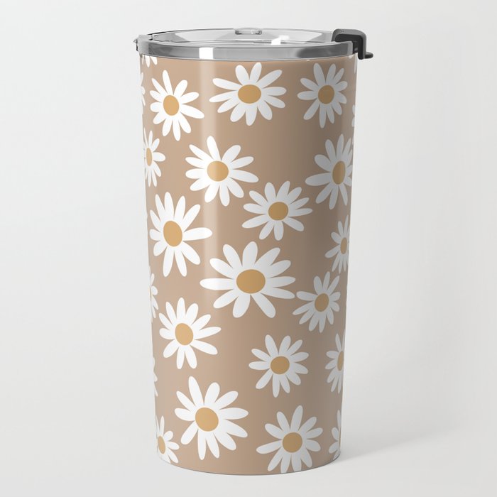 Daisies - daisy floral repeat, daisy flowers, 70s, retro, black, daisy florals camel brown Travel Mug Gallery Image 2