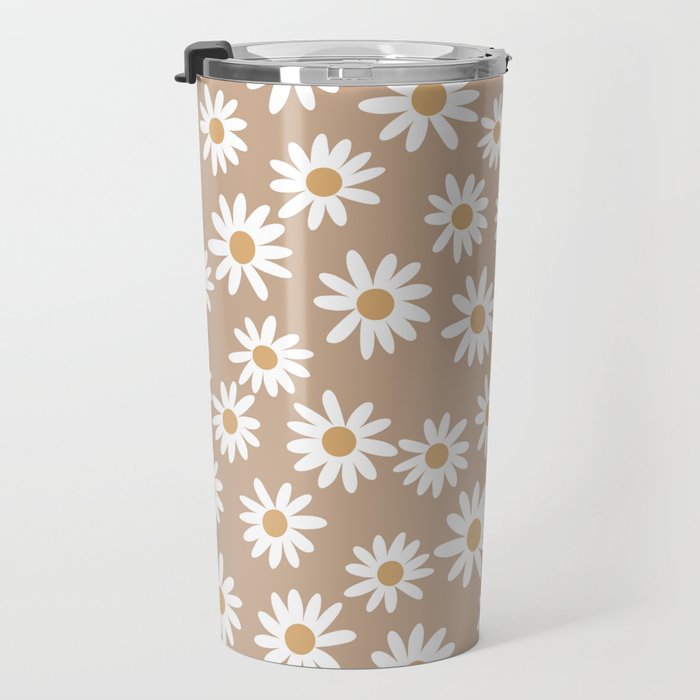 Daisies - daisy floral repeat, daisy flowers, 70s, retro, black, daisy florals camel brown Travel Mug Gallery Image 3