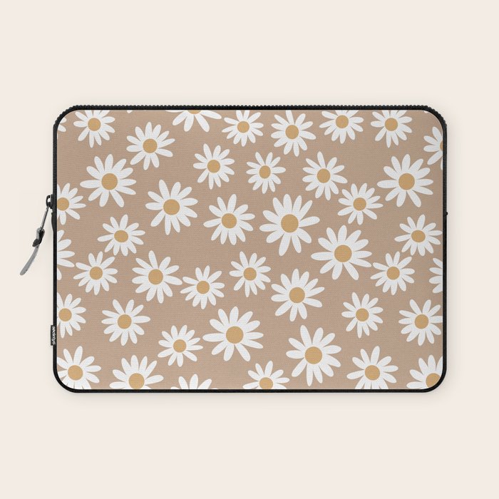Daisies - daisy floral repeat, daisy flowers, 70s, retro, black, daisy florals camel brown Laptop Sleeve Gallery Image 1