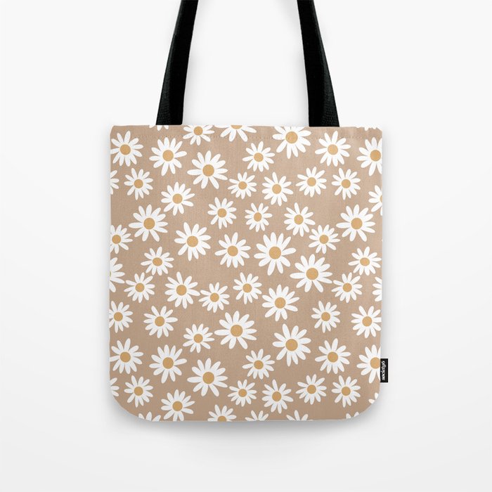 Daisies - daisy floral repeat, daisy flowers, 70s, retro, black, daisy florals camel brown Tote Bag Gallery Image 1