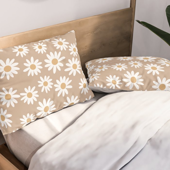Daisies - daisy floral repeat, daisy flowers, 70s, retro, black, daisy florals camel brown Pillow Sham Gallery Image 2
