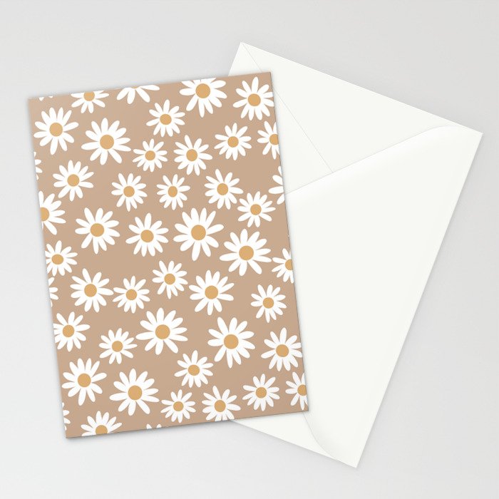 Daisies - daisy floral repeat, daisy flowers, 70s, retro, black, daisy florals camel brown Stationery Card Gallery Image 2