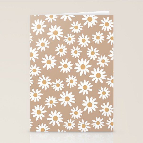 Daisies - daisy floral repeat, daisy flowers, 70s, retro, black, daisy florals camel brown Stationery Card Gallery Image 1