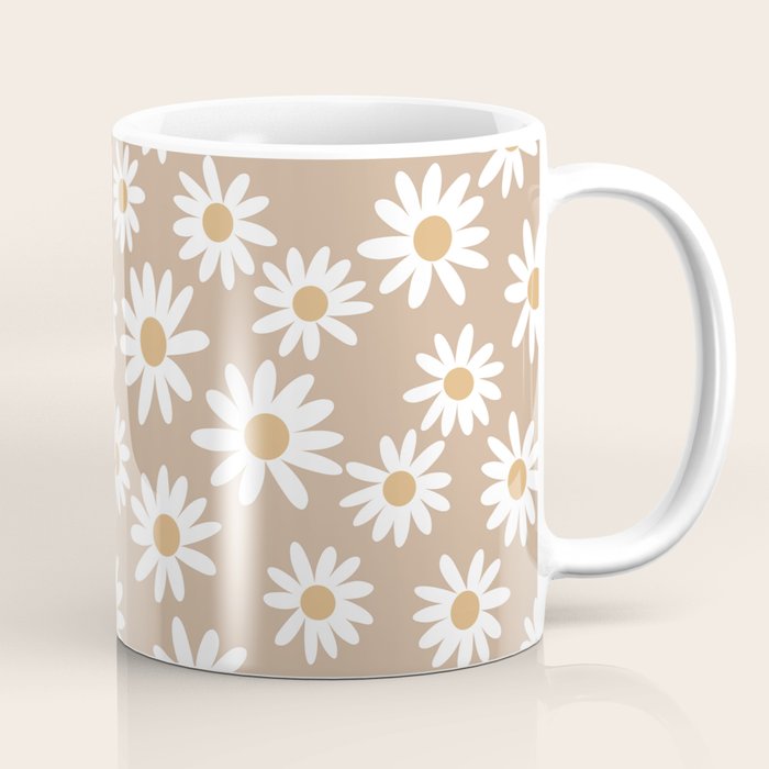 Daisies - daisy floral repeat, daisy flowers, 70s, retro, black, daisy florals camel brown Coffee Mug Gallery Image 1