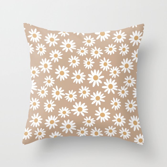 Daisies - daisy floral repeat, daisy flowers, 70s, retro, black, daisy florals camel brown Throw Pillow Gallery Image 6