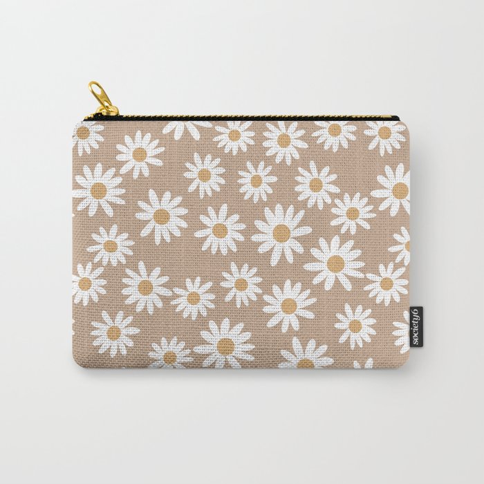 Daisies - daisy floral repeat, daisy flowers, 70s, retro, black, daisy florals camel brown Carry All Pouch Gallery Image 1