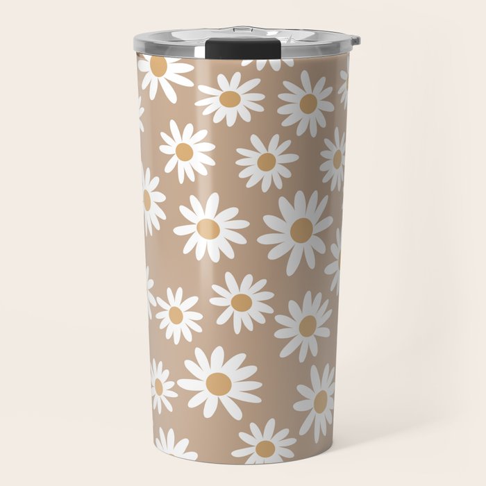 Daisies - daisy floral repeat, daisy flowers, 70s, retro, black, daisy florals camel brown Travel Mug Gallery Image 1