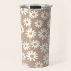 Daisies - daisy floral repeat, daisy flowers, 70s, retro, black, daisy florals camel brown Travel Mug Gallery Image 1