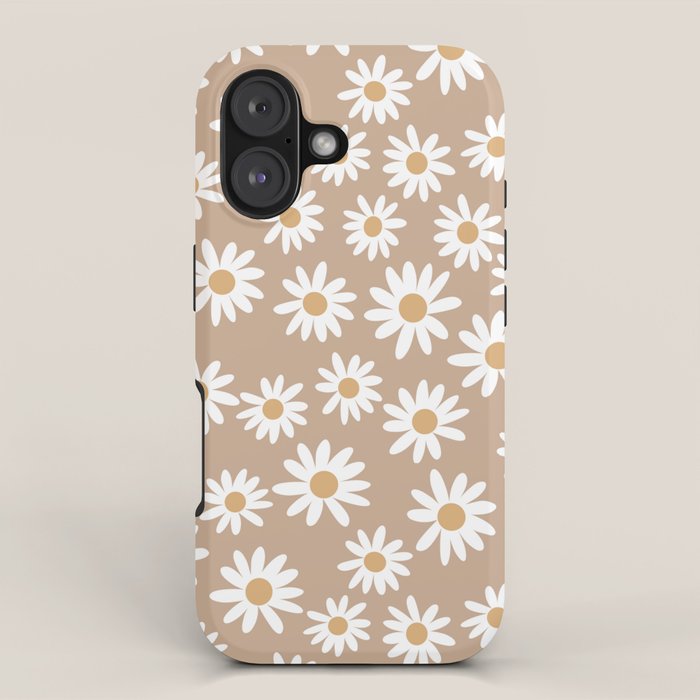 Daisies - daisy floral repeat, daisy flowers, 70s, retro, black, daisy florals camel brown iPhone Case Gallery Image 1