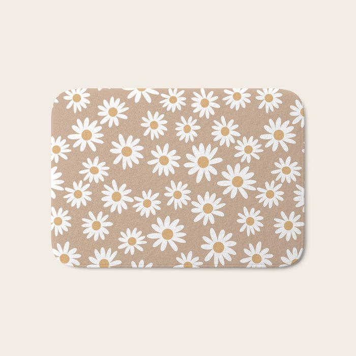 Daisies - daisy floral repeat, daisy flowers, 70s, retro, black, daisy florals camel brown Bath Mat Gallery Image 1