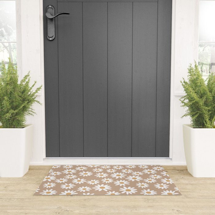 Daisies - daisy floral repeat, daisy flowers, 70s, retro, black, daisy florals camel brown Welcome Mat Gallery Image 3