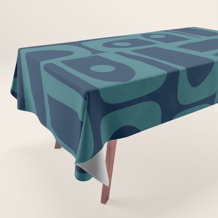 Mid Century Modern Piquet Retro Abstract Multi Pattern in Teal and Navy Blue Tablecloth Gallery Image 1