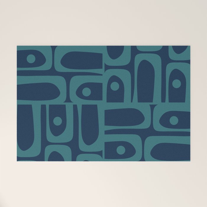Mid Century Modern Piquet Retro Abstract Multi Pattern in Teal and Navy Blue Welcome Mat Gallery Image 1