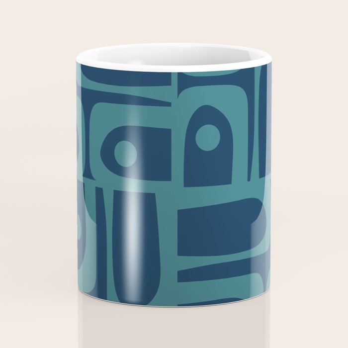 Mid Century Modern Piquet Retro Abstract Multi Pattern in Teal and Navy Blue Coffee Mug Gallery Image 4