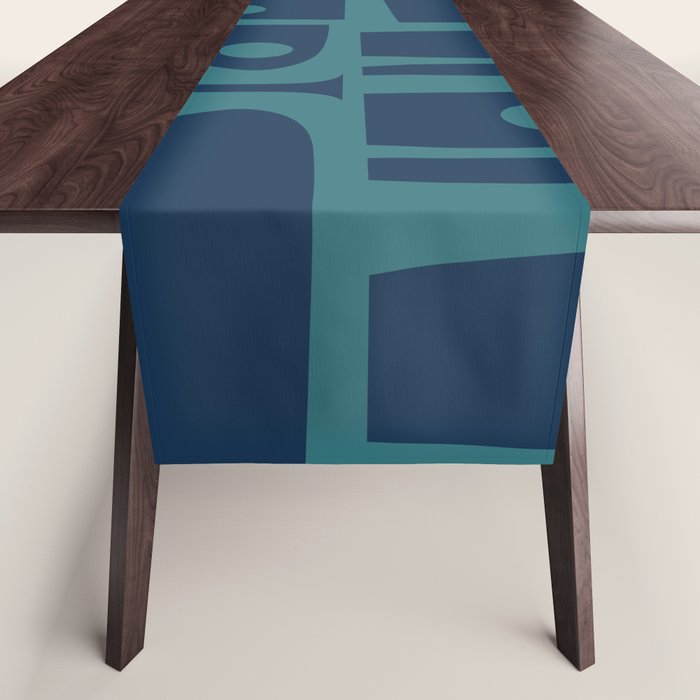 Mid Century Modern Piquet Retro Abstract Multi Pattern in Teal and Navy Blue Table Runner Gallery Image 1