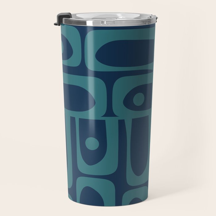 Mid Century Modern Piquet Retro Abstract Multi Pattern in Teal and Navy Blue Travel Mug Gallery Image 3