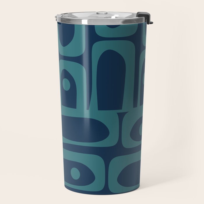 Mid Century Modern Piquet Retro Abstract Multi Pattern in Teal and Navy Blue Travel Mug Gallery Image 2