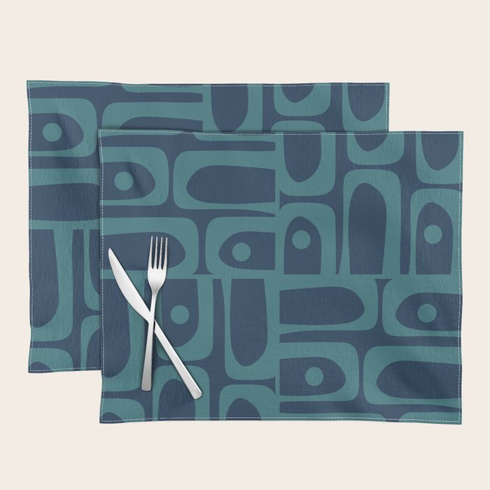 Mid Century Modern Piquet Retro Abstract Multi Pattern in Teal and Navy Blue Placemat Gallery Image 1