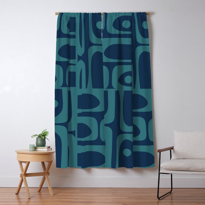 Mid Century Modern Piquet Retro Abstract Multi Pattern in Teal and Navy Blue Window Curtain Gallery Image 5
